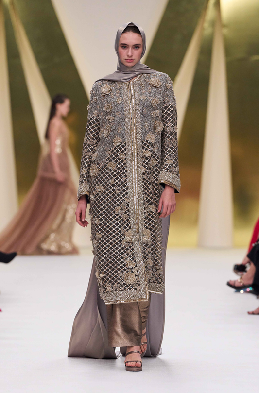 Grey & Brown 3D Flower Embroidered Kurta Set