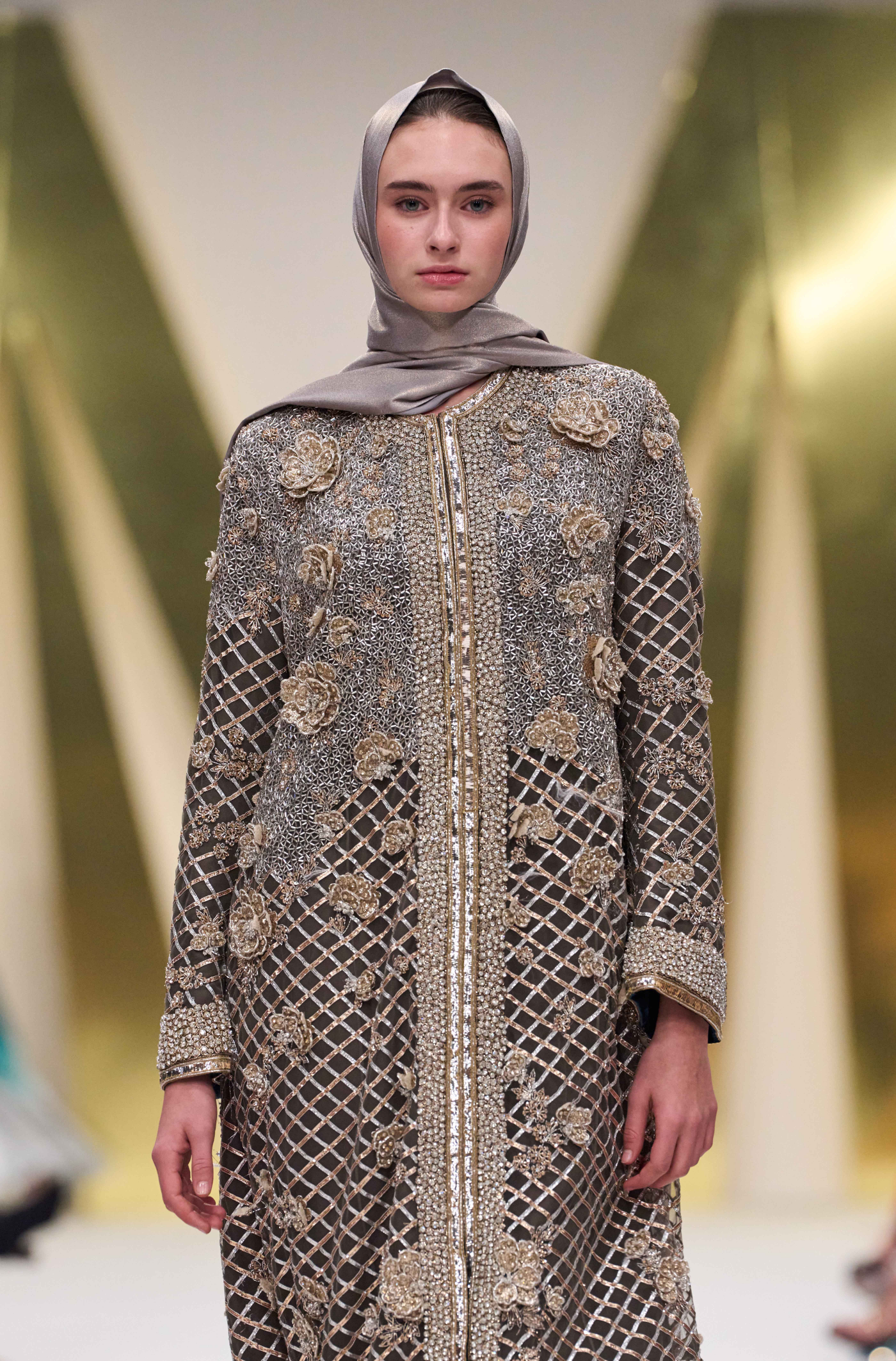 Grey & Brown 3D Flower Embroidered Kurta Set