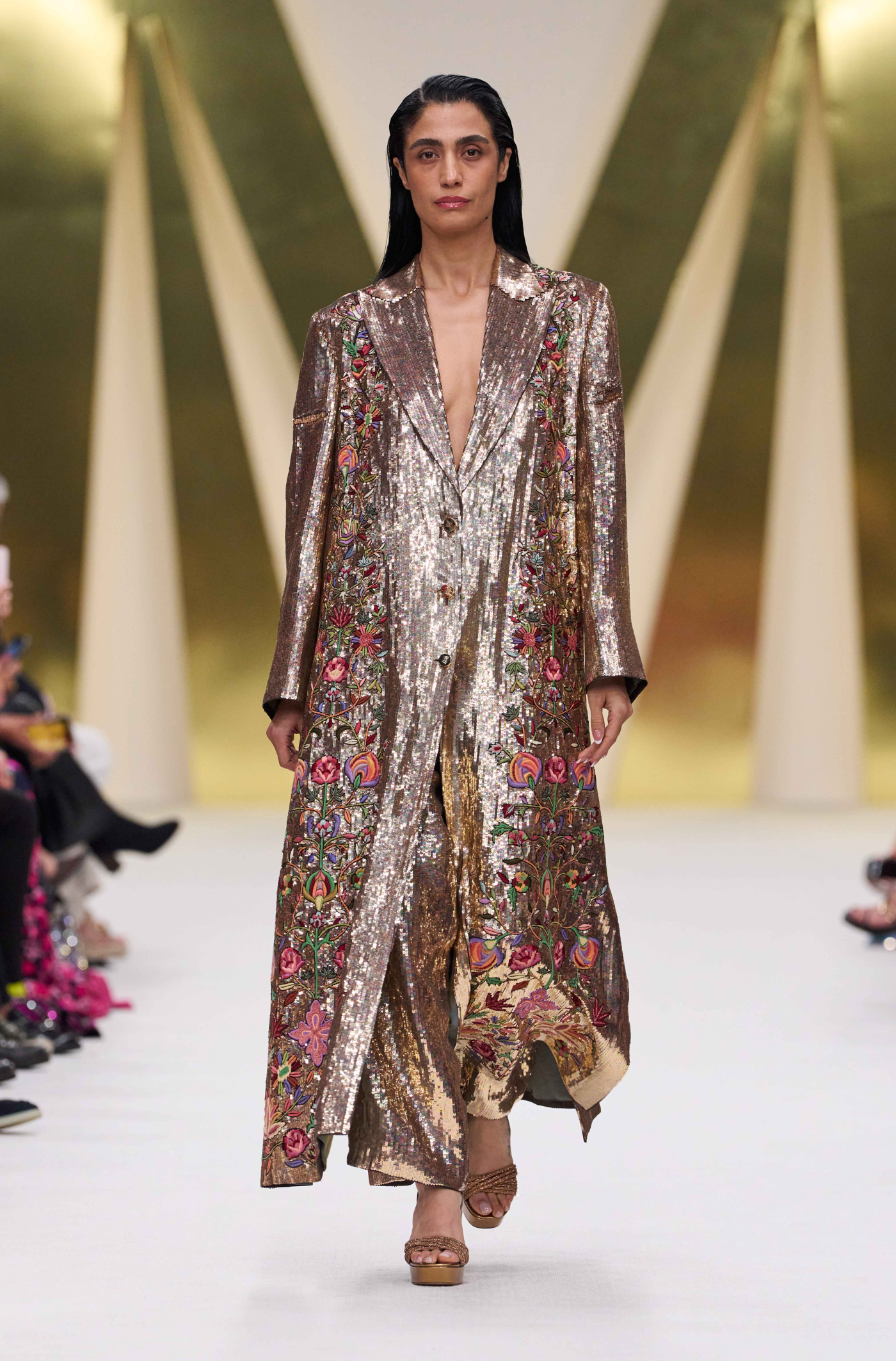 Gold Sequin Floral Embroidered Trench Coat Set