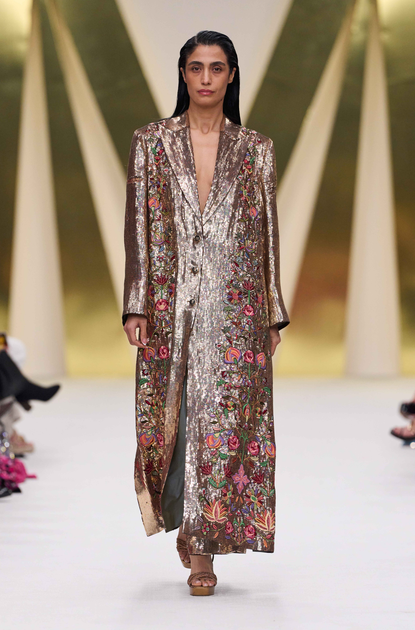 Gold Sequin Floral Embroidered Trench Coat Set