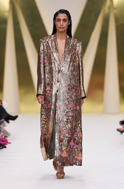 Gold Sequin Floral Embroidered Trench Coat Set