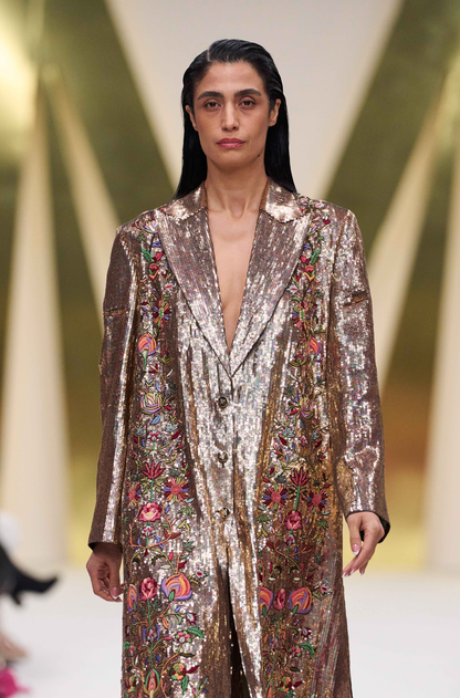 Gold Sequin Floral Embroidered Trench Coat Set