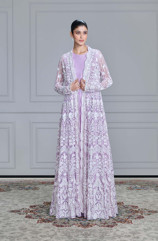 Lilac & Ivory Kashmiri Embroidered Jacket Gown