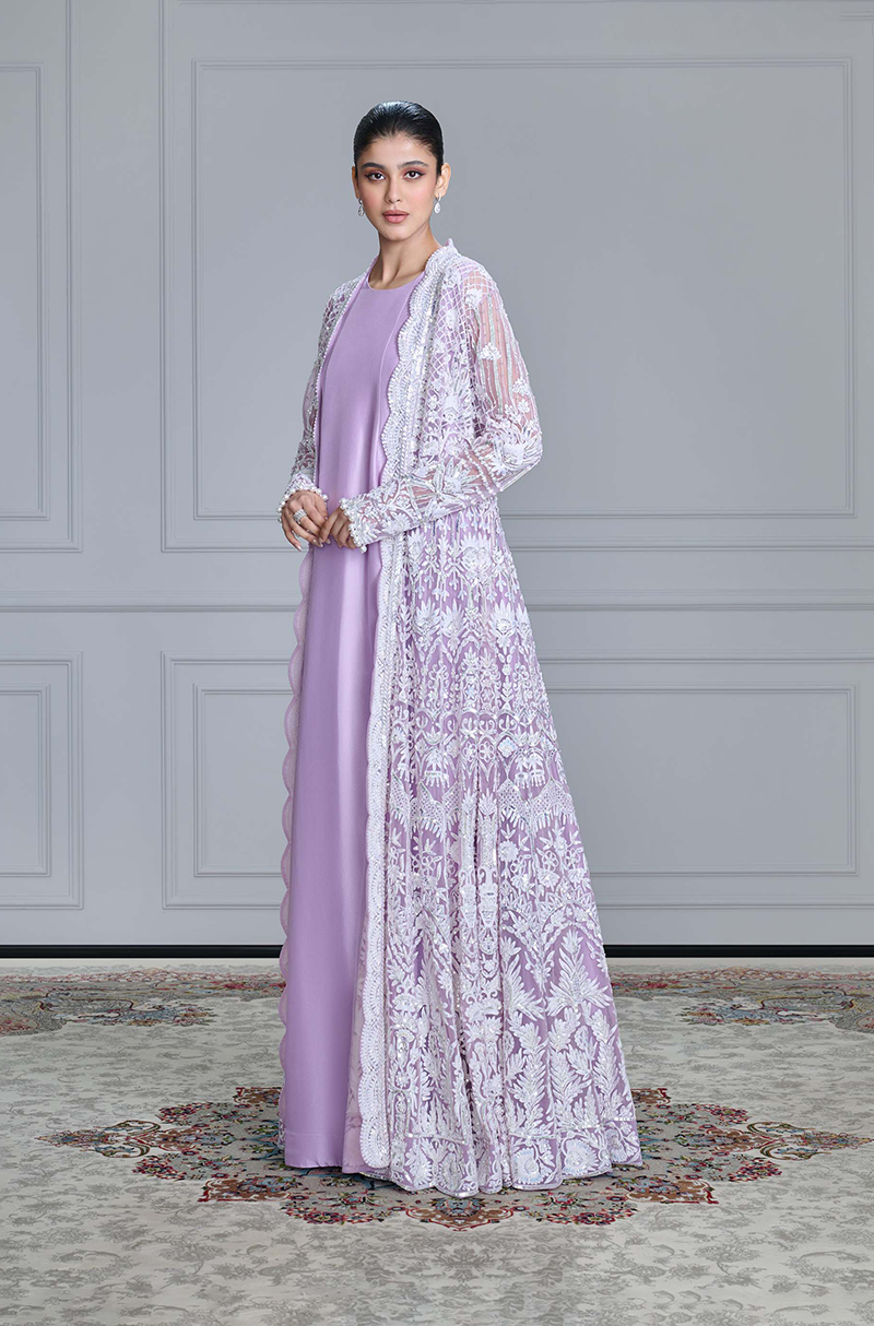 Lilac & Ivory Kashmiri Embroidered Jacket Gown