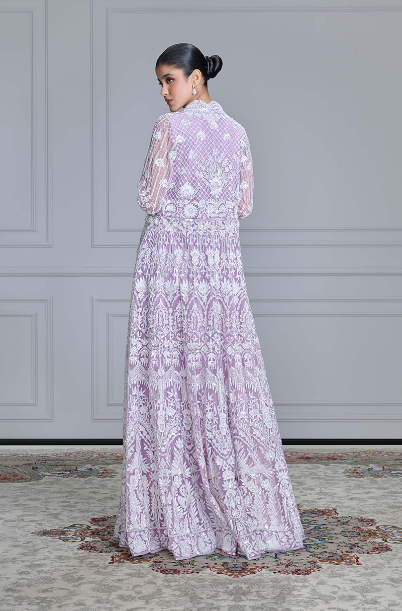 Lilac & Ivory Kashmiri Embroidered Jacket Gown