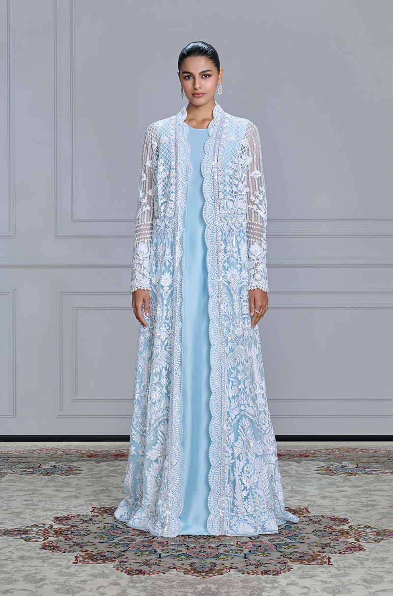 Powder Blue Kashmiri Embroidered Jacket Gown