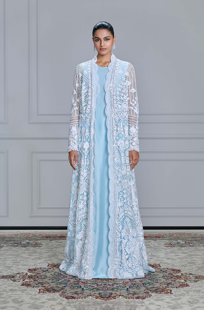 Powder Blue Kashmiri Embroidered Jacket Gown