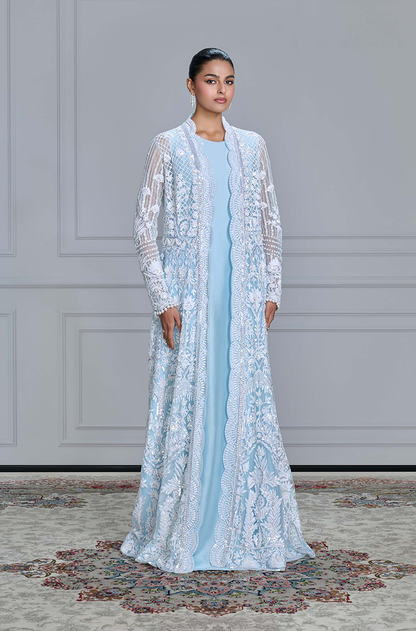 Powder Blue Kashmiri Embroidered Jacket Gown