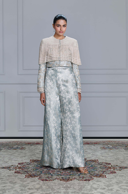 Ice Blue Brocade Embroidered Tasselled Jacket Set