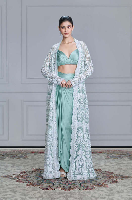 Mint & Ivory Kashmiri Embroidered Skirt Set