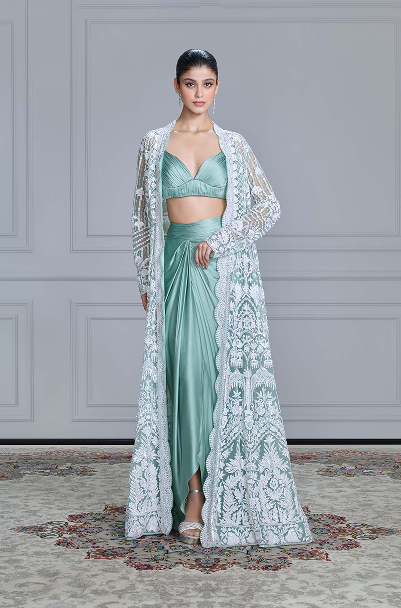 Mint & Ivory Kashmiri Embroidered Skirt Set