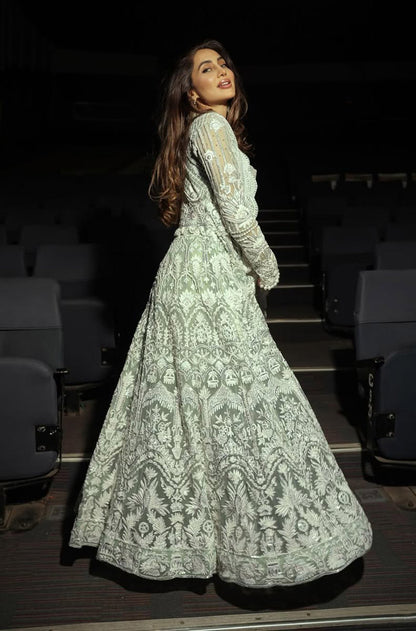 Anusha Dandekar in our Mint & Ivory Kashmiri long Jacket Skirt Set