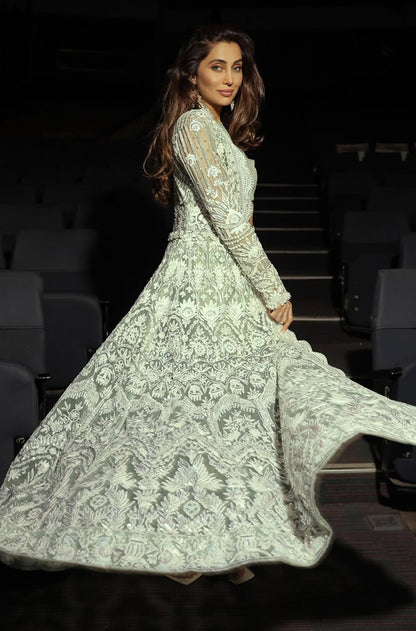 Anusha Dandekar in our Mint & Ivory Kashmiri long Jacket Skirt Set