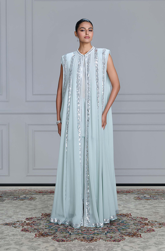 Grey Striped Sequin Georgette Jacket Set