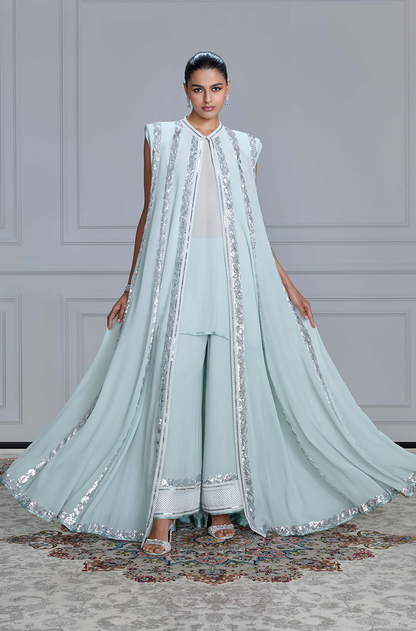 Grey Striped Sequin Georgette Jacket Set