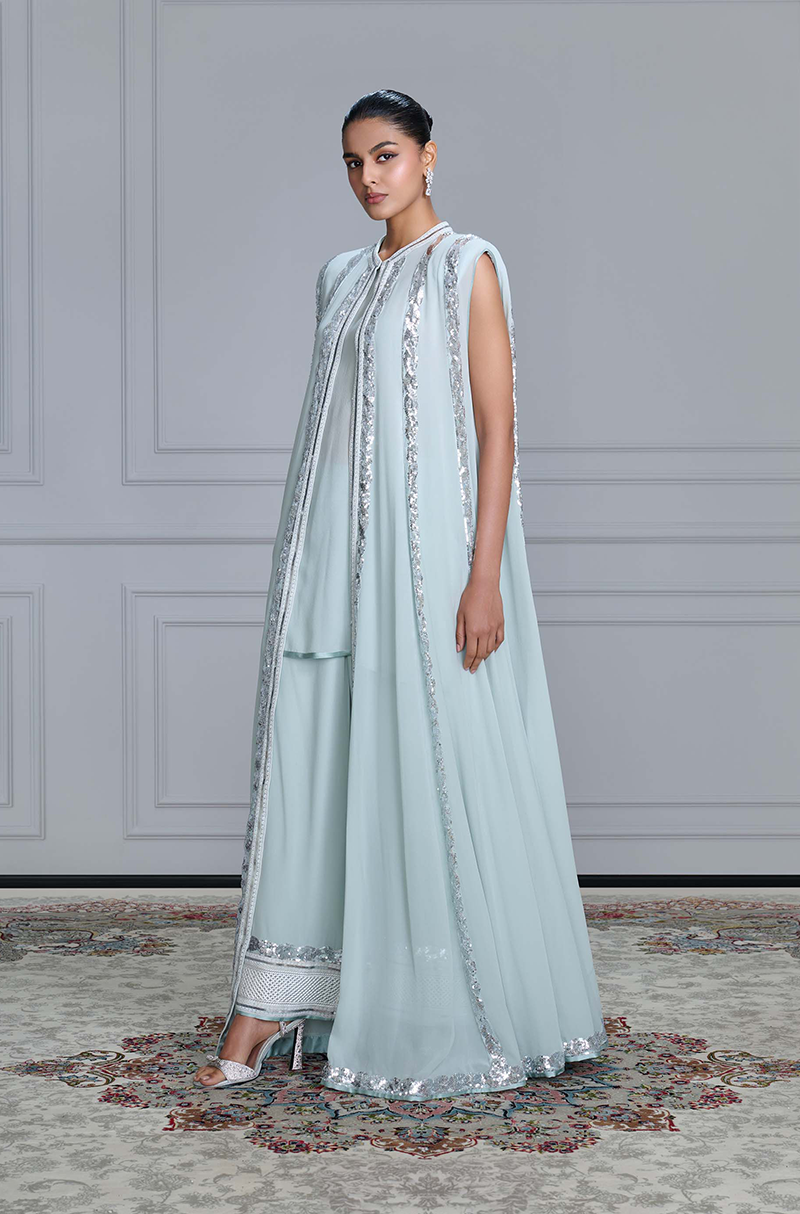 Grey Striped Sequin Georgette Jacket Set