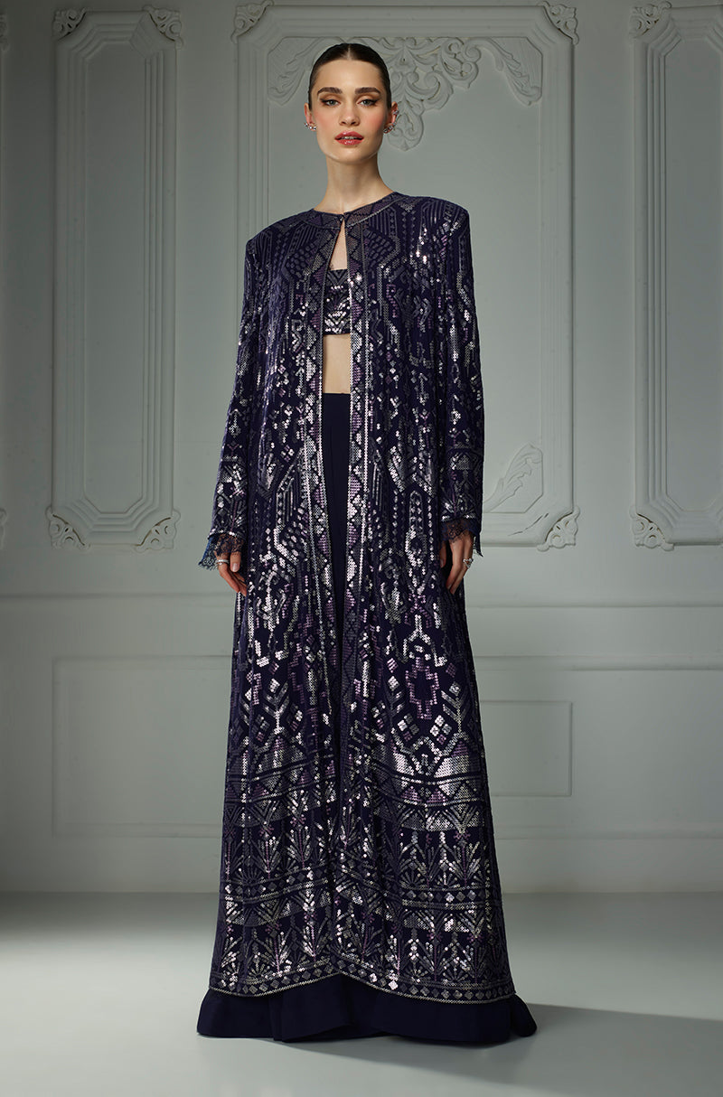 Royal Blue Front Open Aztec Rainbow Sequin Sharara Set