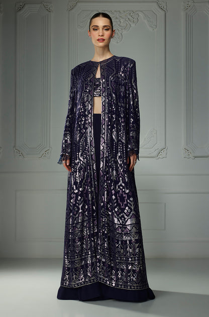 Royal Blue Front Open Aztec Rainbow Sequin Sharara Set