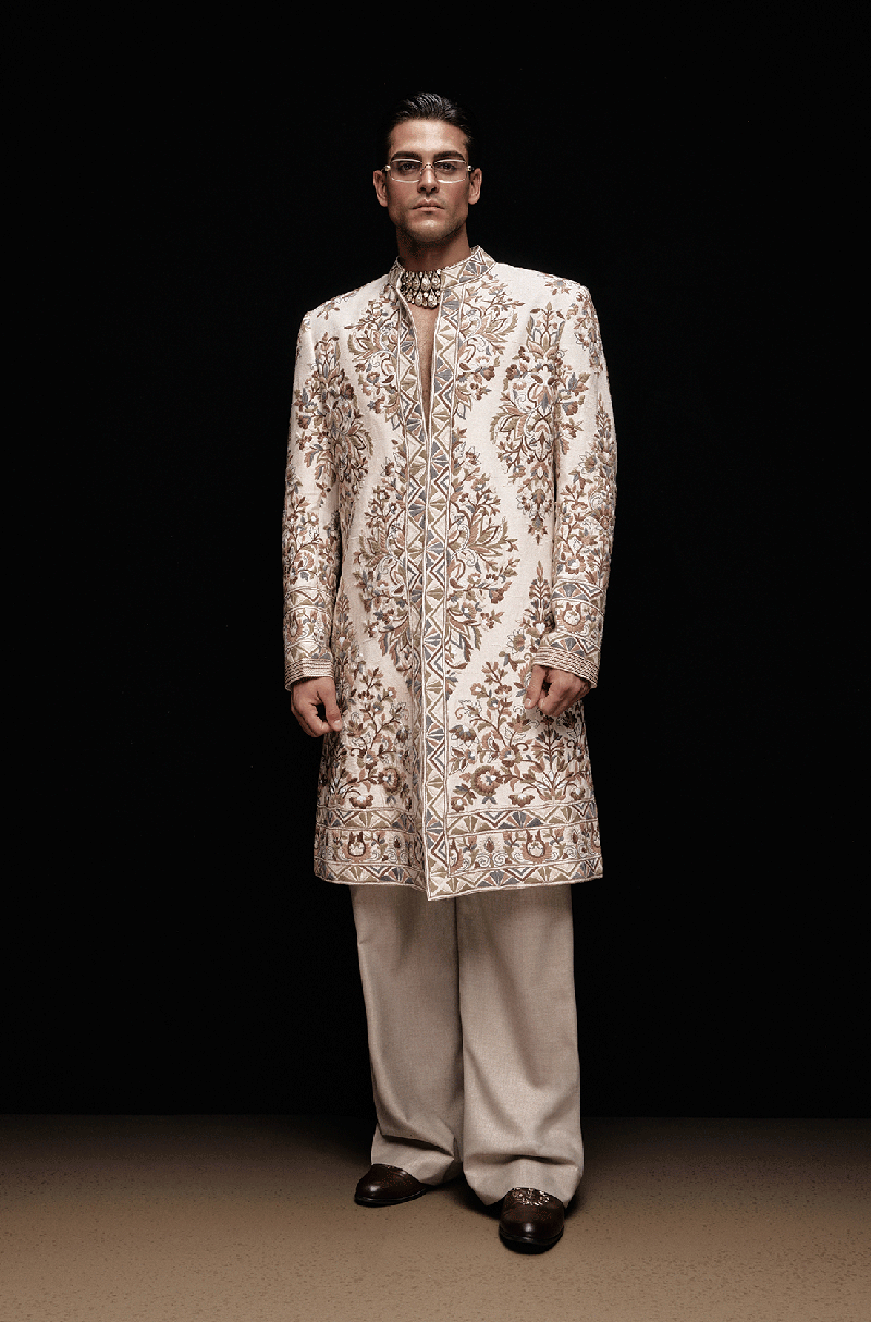 Ivory Multi Threadwork Mijwan Embroidered Sherwani Set