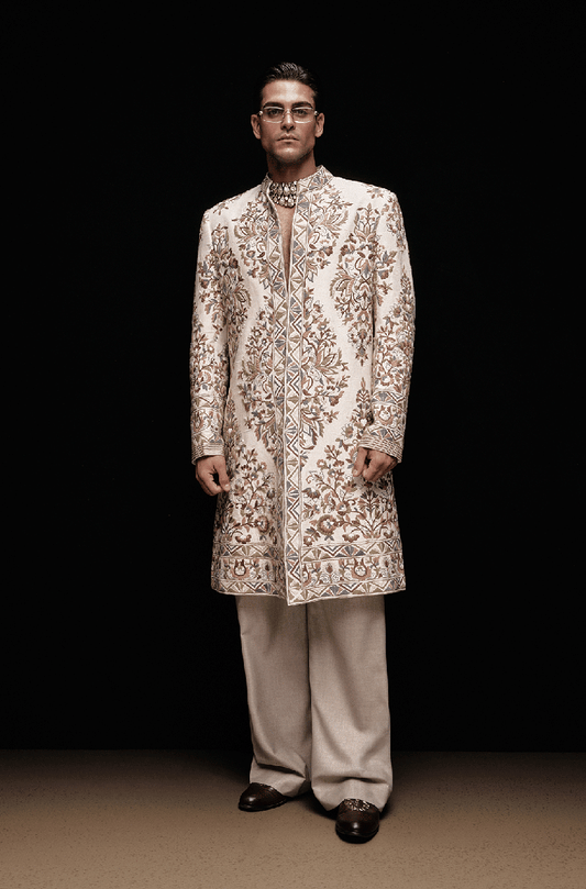 Ivory Multi Threadwork Mijwan Embroidered Sherwani Set