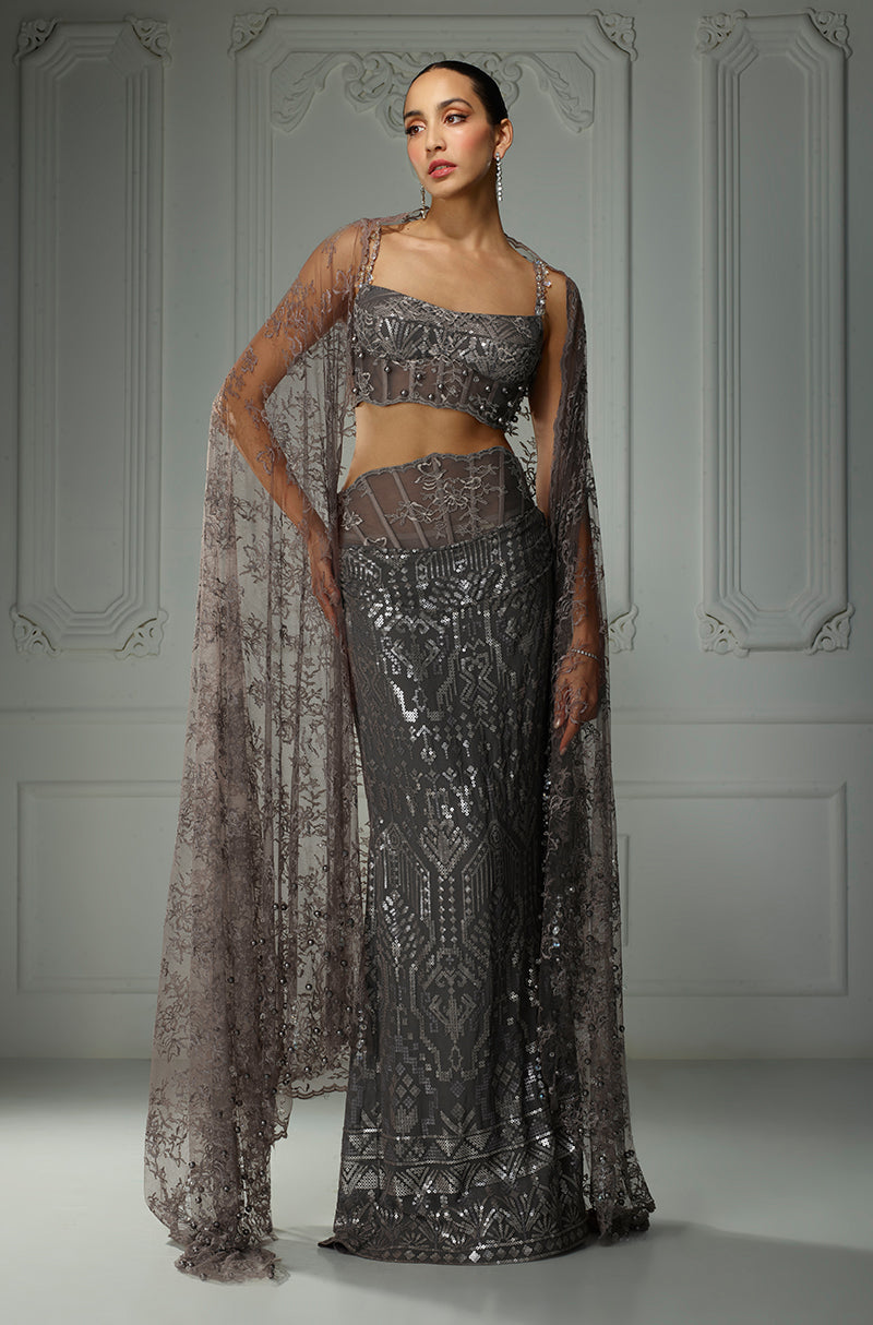 Grey Aztec Sequin Fitted Skirt Set