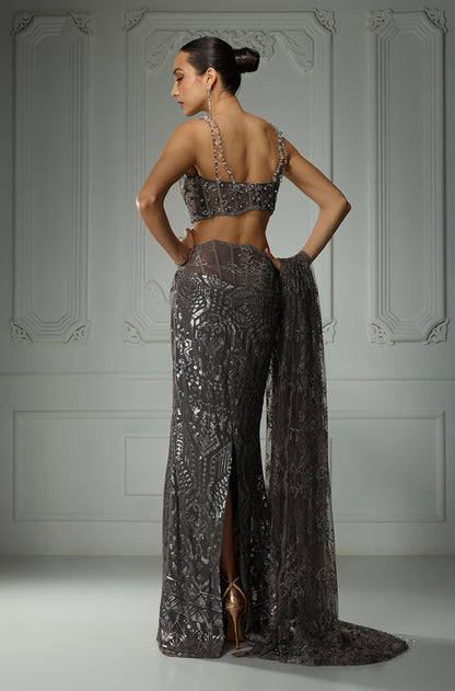 Grey Aztec Sequin Fitted Skirt Set