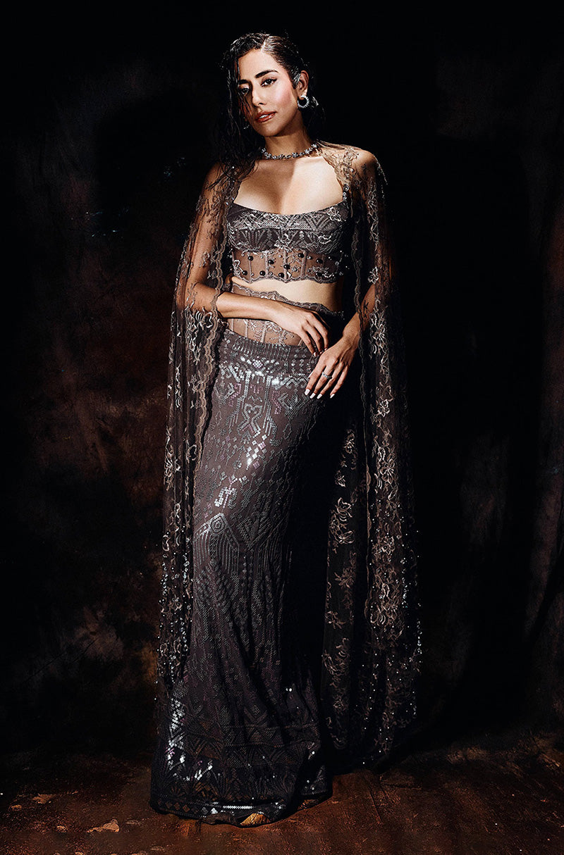 Jonita Gandhi in our Grey Sequin Embroidered Skirt Set