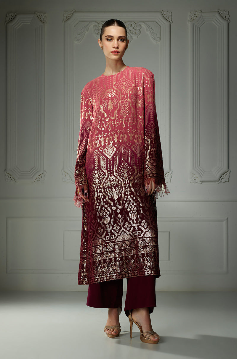 Old Rose To Wine Aztec Sequin Embroidered Kurta Set