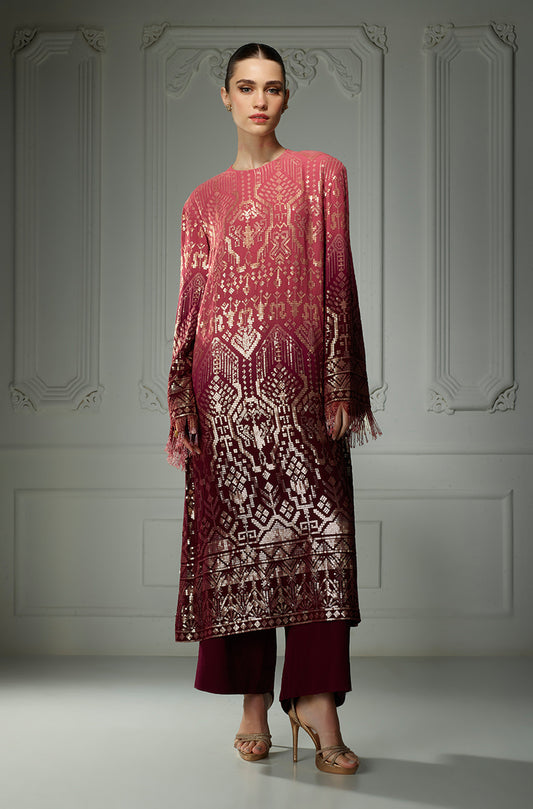 Old Rose To Wine Aztec Sequin Embroidered Kurta Set