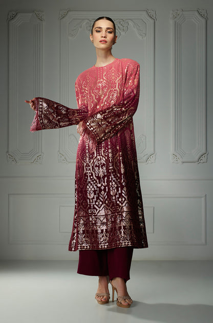 Old Rose To Wine Aztec Sequin Embroidered Kurta Set