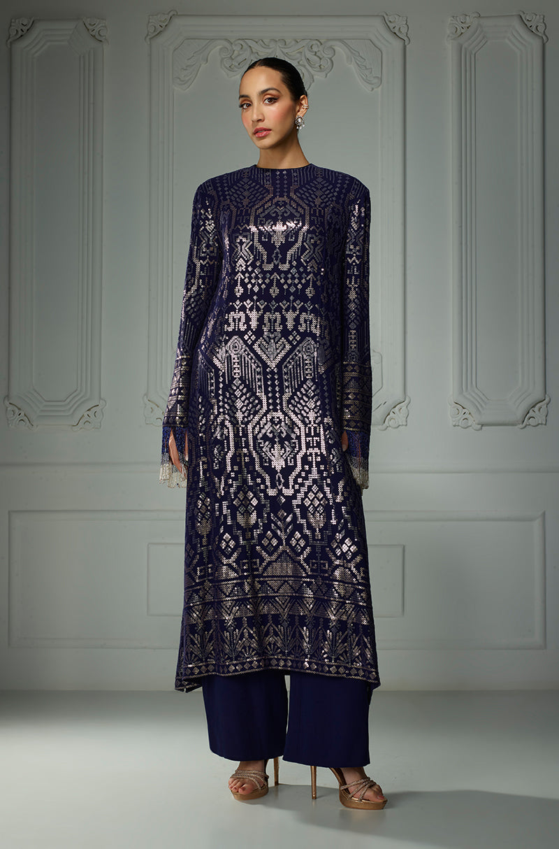Midnight Blue Aztec Sequin Embroidered Kurta Set