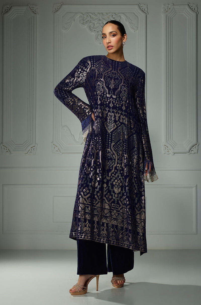 Midnight Blue Aztec Sequin Embroidered Kurta Set