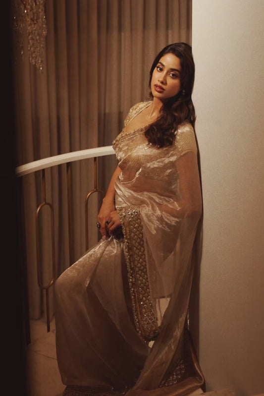 Janhvi Kapoor in Ivory Gold Saree Set