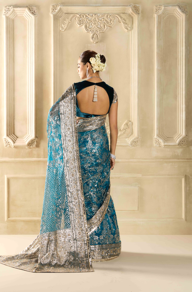 Teal Embroidered Tissue Saree Set