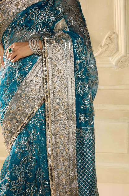 Teal Embroidered Tissue Saree Set
