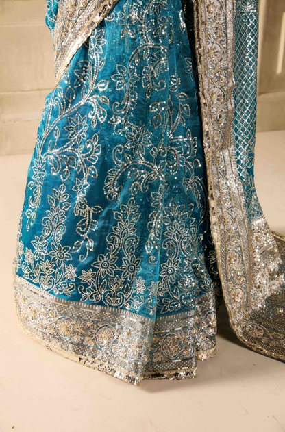 Teal Embroidered Tissue Saree Set