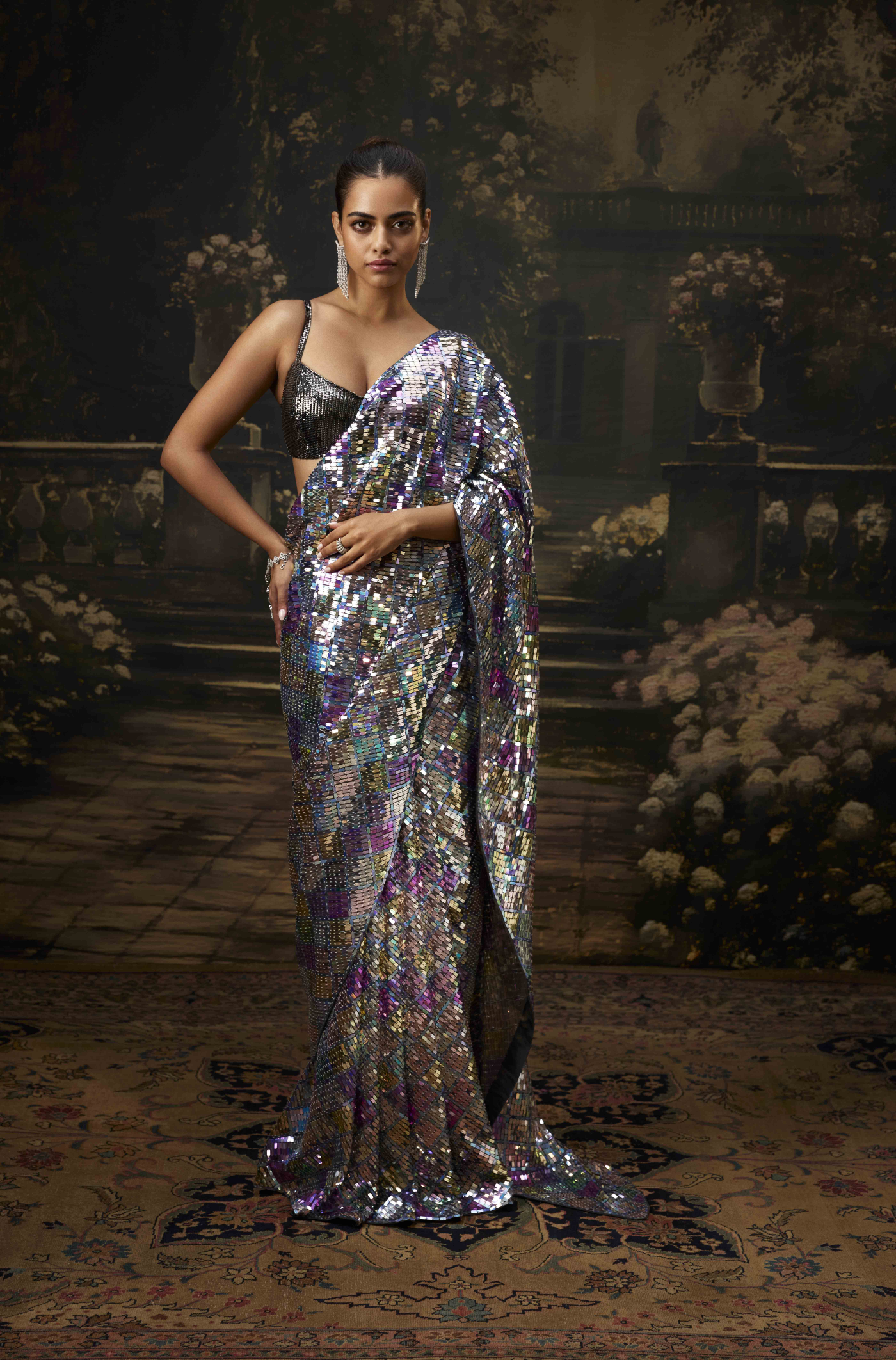 Grey Rainbow Sequin Georgette Saree Set