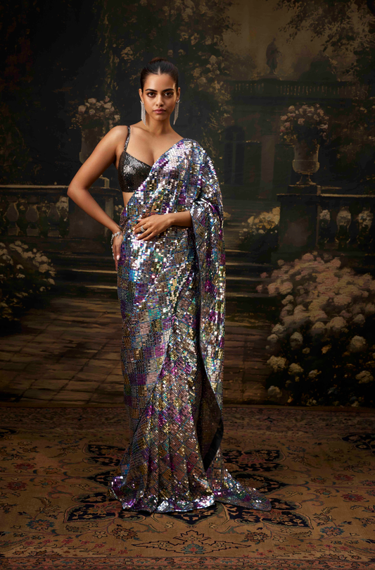 Grey Rainbow Sequin Georgette Saree Set