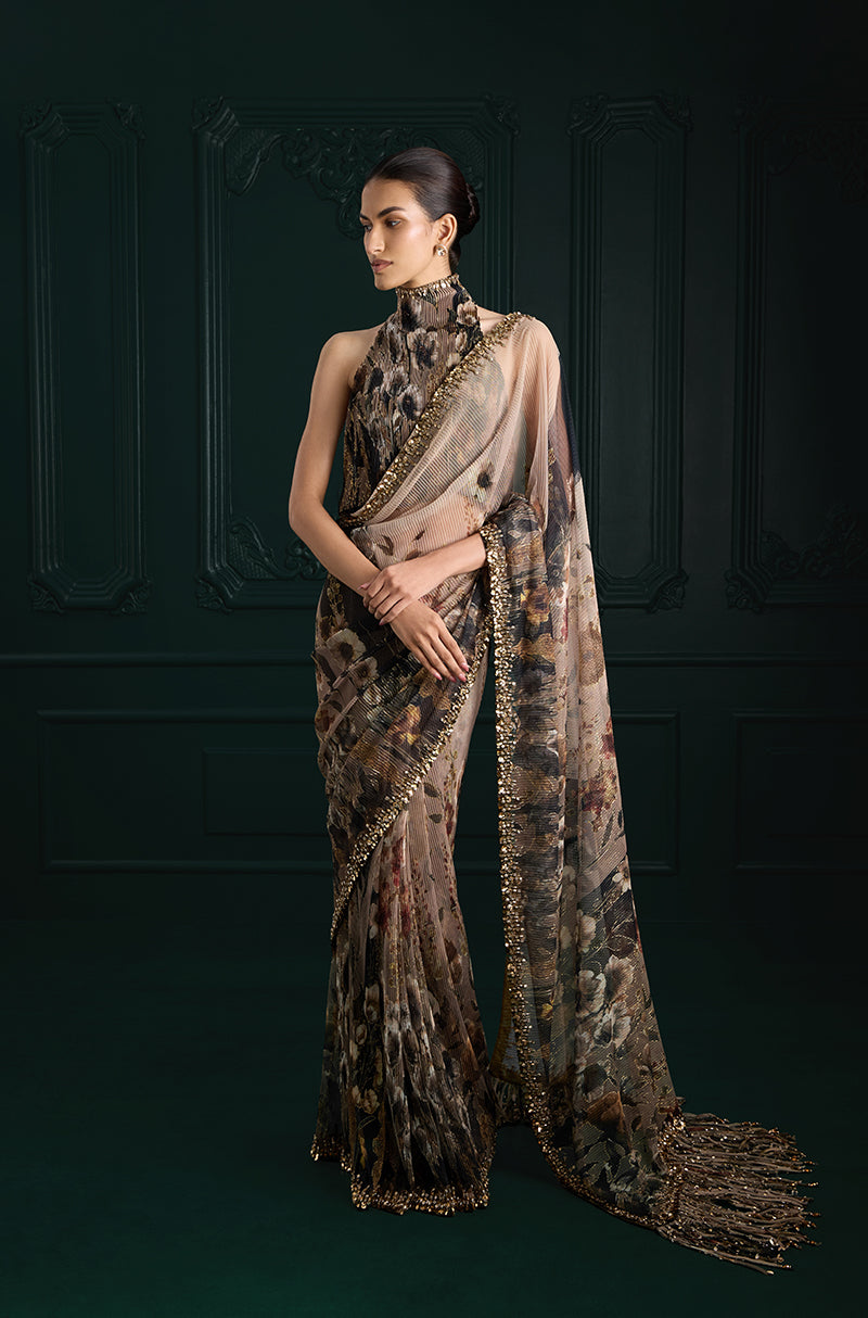 Green & Black Floral Printed Pre-Pleated Saree Set