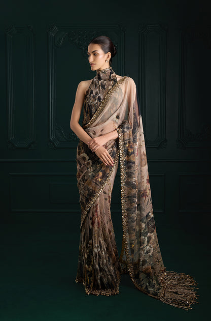 Green & Black Floral Printed Pre-Pleated Saree Set