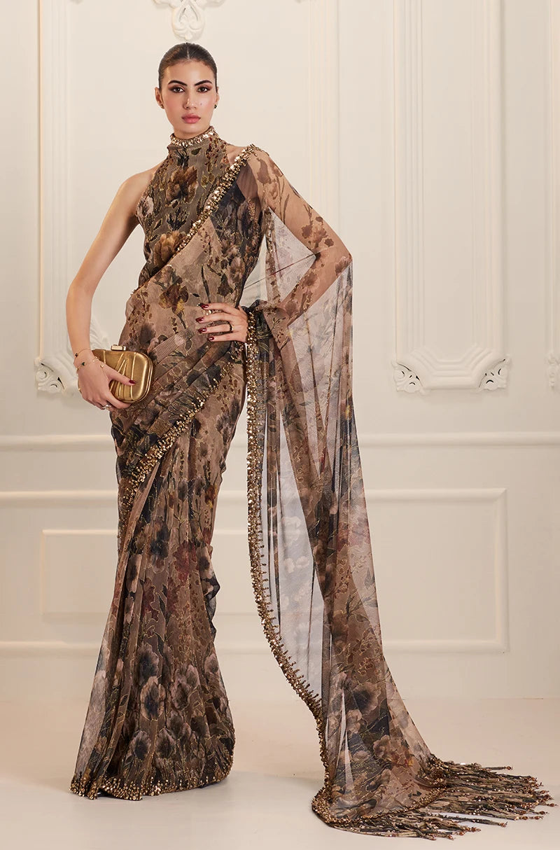 Green & Black Floral Printed Pre-Pleated Saree Set
