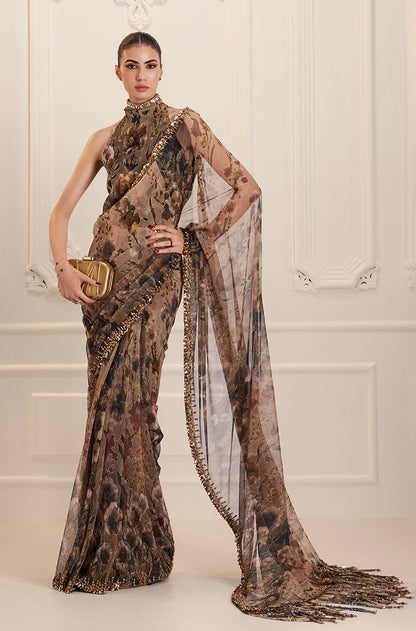 Green & Black Floral Printed Pre-Pleated Saree Set