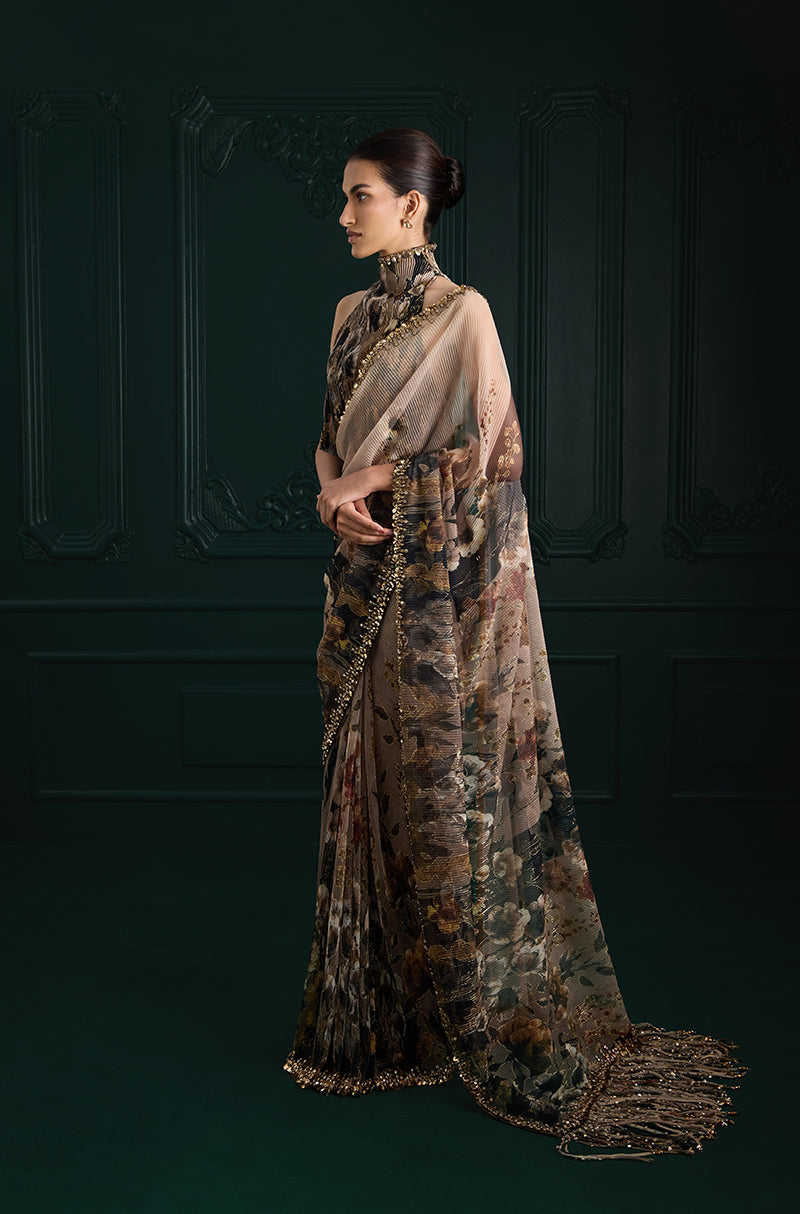 Green & Black Floral Printed Pre-Pleated Saree Set