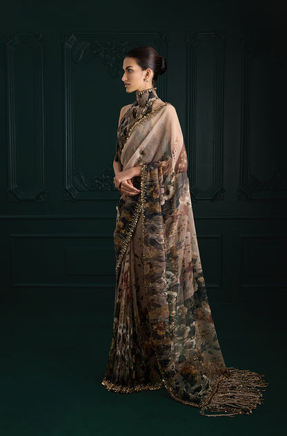 Green & Black Floral Printed Pre-Pleated Saree Set