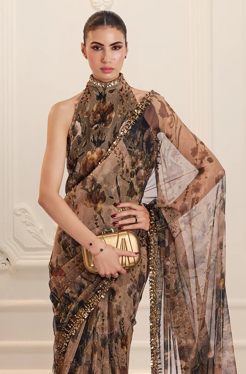 Green & Black Floral Printed Pre-Pleated Saree Set