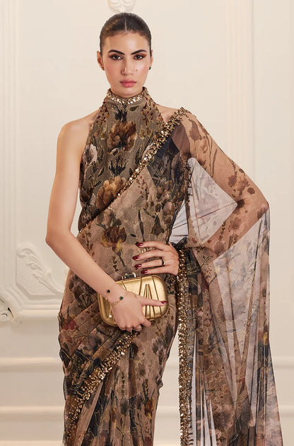 Green & Black Floral Printed Pre-Pleated Saree Set