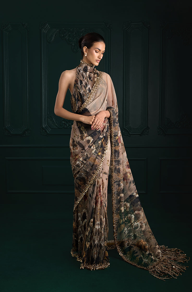 Green & Black Floral Printed Pre-Pleated Saree Set