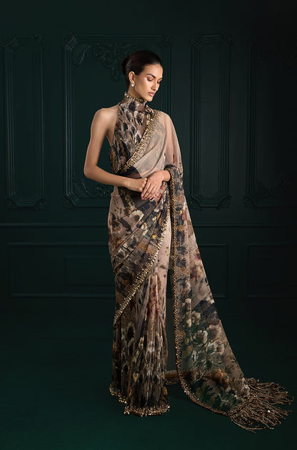 Green & Black Floral Printed Pre-Pleated Saree Set