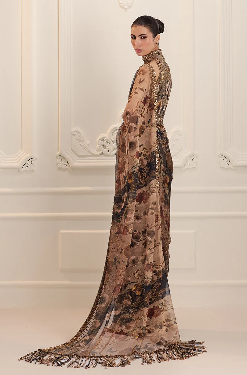 Green & Black Floral Printed Pre-Pleated Saree Set