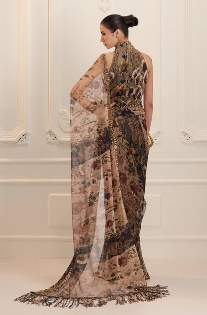 Green & Black Floral Printed Pre-Pleated Saree Set